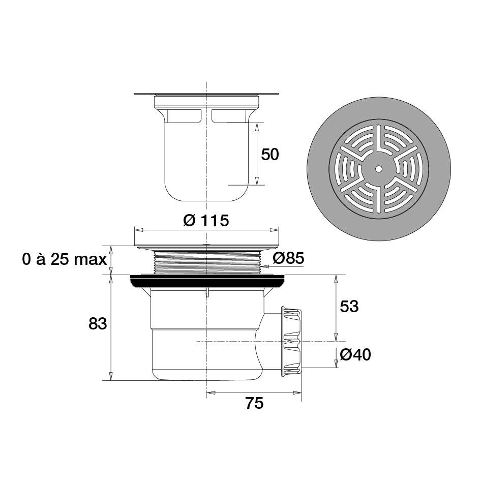 Image du produit BONDE DOUCHE D.90 HORIZONTAL GRILLE RONDE