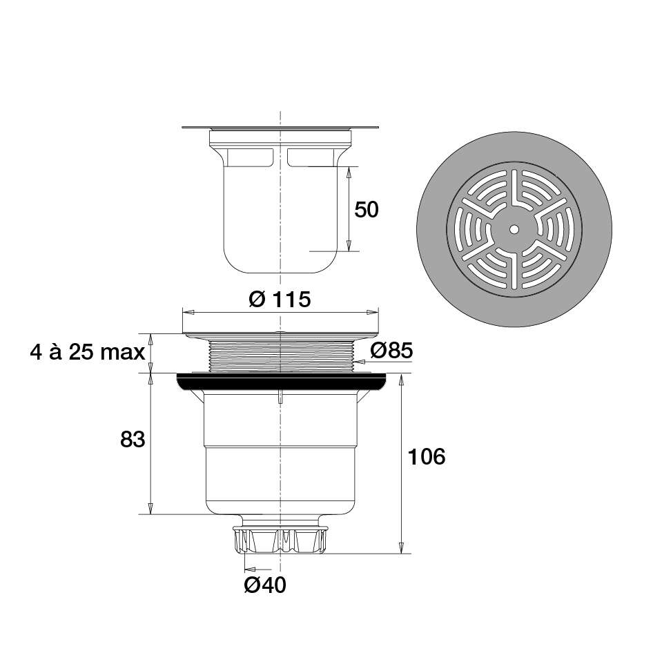 Image du produit BONDE DOUCHE D.90 VERTICALE  GRILLE MARGUERITE